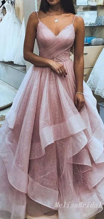 parkly Elegant Spaghetti Straps V-neck Evening Gown Long Formal Dresses Prom Dresses with Ruffles,MB343