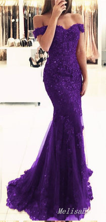 Elegant Dark Purple Mermaid Lace Appliques Evening Gown Maxi Long Formal Dresses Prom Dresses,MB502
