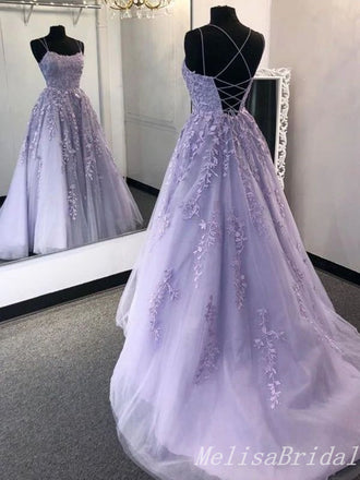 Sexy Elegant Lilac leaf Lace Appliques Lace Up Back A-line Evening Gown Long Prom Dresses,MB279