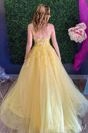 Sexy One Shoulder Yellow A-line Floral Tulle Lace Appliques Evening Gown Long Prom Dresses,MB295