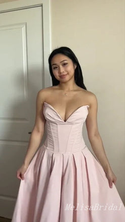 Sexy Light Pink V Neck Strapless A-line Long Prom Dresses to Impress ,MB944