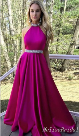 Hot Pink Beaded Halter A-Line Evening Gown Maxi Long Evening Party Prom Dresses ,MB631