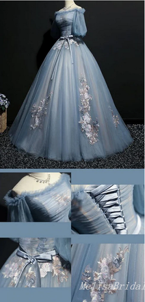 Grey Blue Off Shoulder Flower Embroidery A-line Ball Gown Lace up Back Evening Gown Maxi Long Evening Party Prom Dresses ,MB771