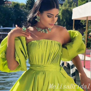 Green Off-the-shoulder A-line Bubble Sleeves Evening Gown Long Evening Party Prom Dresses,MB814
