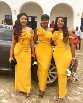 Yellow One Shoulder Off Shoulder Mermaid 3D Flower Long Bridesmaid Dresses ,BD232