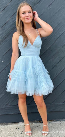 Elegant Light Blue Spaghetti Straps A-Line V-Neck Graduation Party Homecoming Dresses With Ruffles, HD336