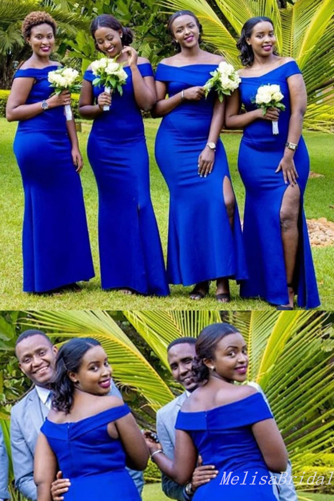 Royal Blue Off Shoulder Mermaid Long Bridesmaid Dresses with Side Slit ,BD206