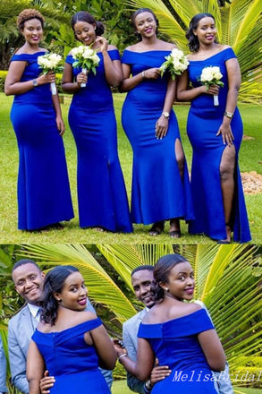 Royal Blue Off Shoulder Mermaid Long Bridesmaid Dresses with Side Slit ,BD206