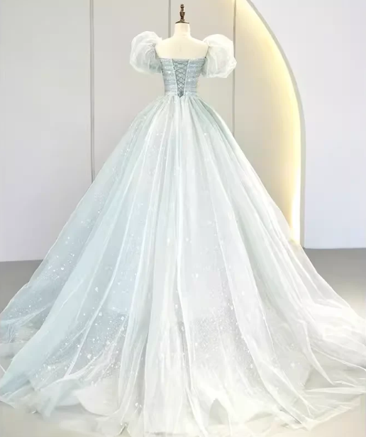 Elegant Light Blue A-line Bubble Sleeves Lace up Back Long Party Dress Prom Dresses,MB1084