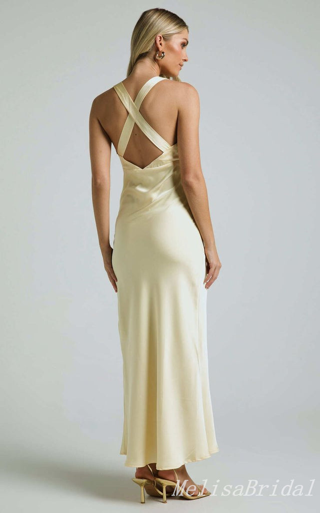 Elegant V Neck Light Yellow Sheath Party Dress Long Prom Dresses to Impress with Trailing,MB1019