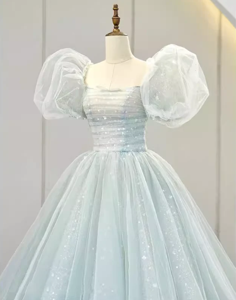 Elegant Light Blue A-line Bubble Sleeves Lace up Back Long Party Dress Prom Dresses,MB1084