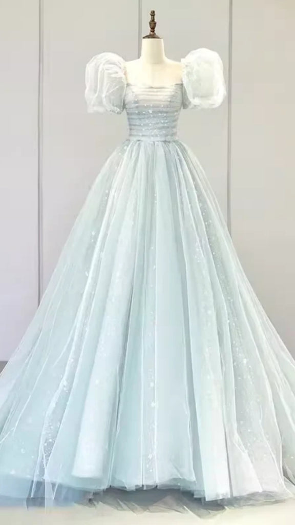 Elegant Light Blue A-line Bubble Sleeves Lace up Back Long Party Dress Prom Dresses,MB1084