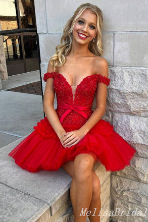 Red Off Shoulder Plunging Appliques Beaded A-Line Graduation Party Short Homecoming Dresses, HD456