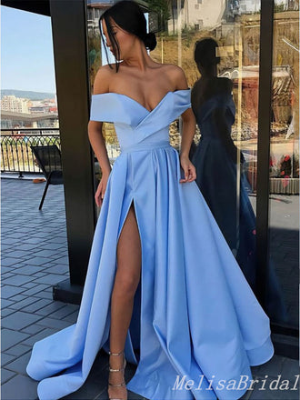 Sexy Blue A-line Off Shoulder High Slit Long Evening Gown Prom Dresses ,MB190