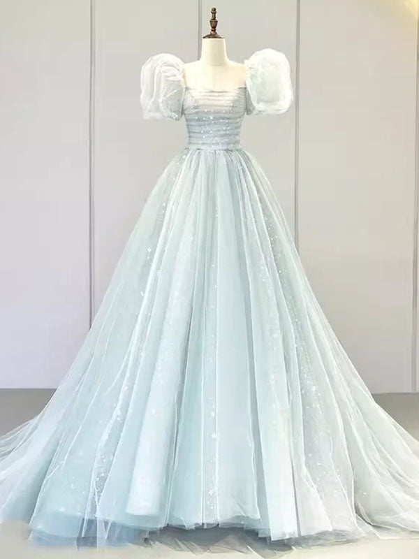 Elegant Light Blue A-line Bubble Sleeves Lace up Back Long Party Dress Prom Dresses,MB1084