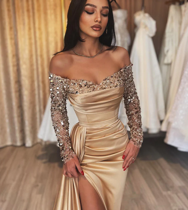 Sexy Mermaid Long Sleeves Sequins Off Shoulder High Slit Long Evening Gown Prom Dresses ,MB191