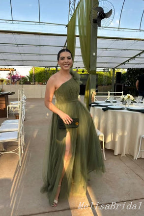 Gorgeous One Shoulder Side Slit A-line Party Dress Long Prom Dresses to Impress ,MB1020