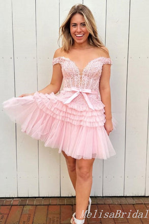 Pink Off Shoulder Plunging Lace Appliques A-Line Graduation Party Short Homecoming Dresses, HD457