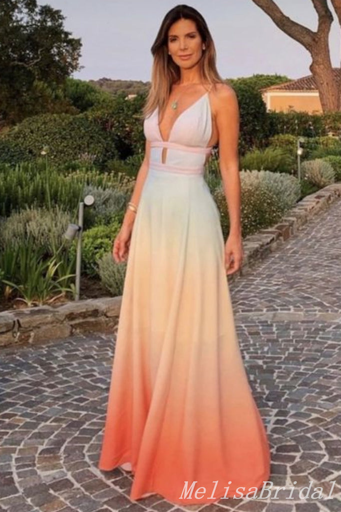 Orange Plunging Spaghetti Straps Prom Dresses to Impress with Slit,MB887