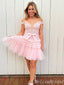 Pink Off Shoulder Plunging Lace Appliques A-Line Graduation Party Short Homecoming Dresses, HD457