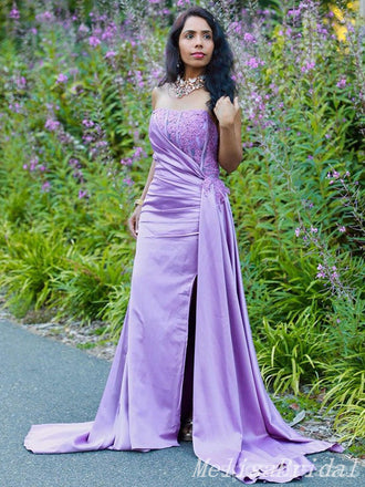 Lilac Strapless Lace Appliques Sheath Prom Dresses to Impress with Slit,MB888