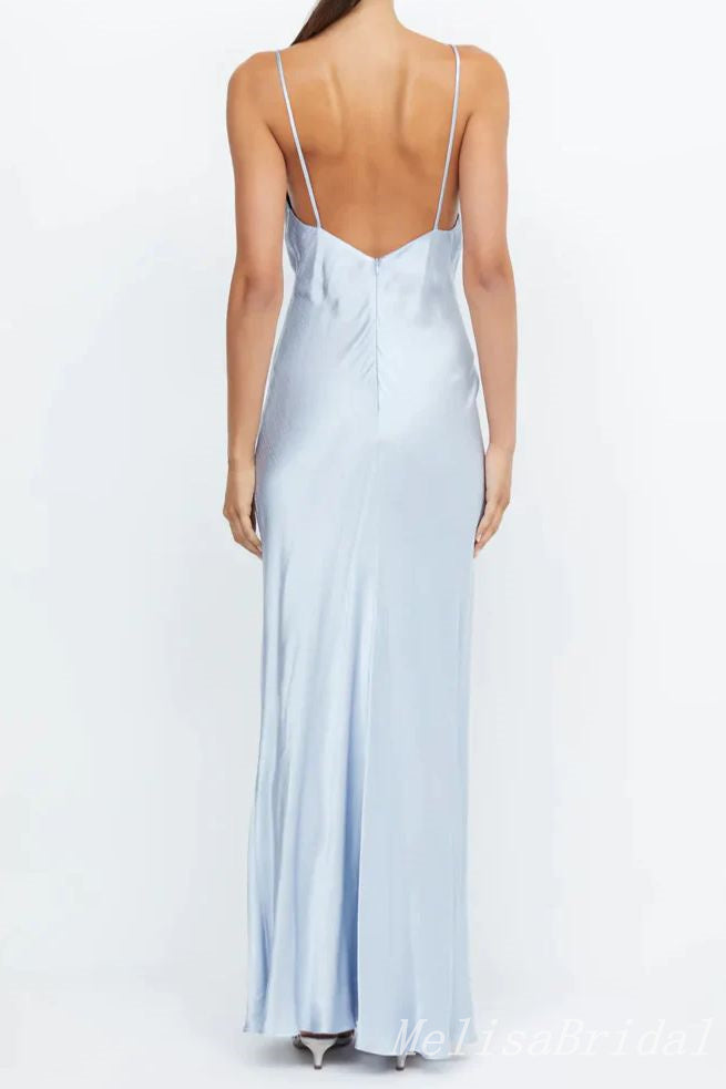 Sexy Blue Spaghetti Straps V Neck Open Back Sheath Party Dress Long Prom Dresses to Impress ,MB1021