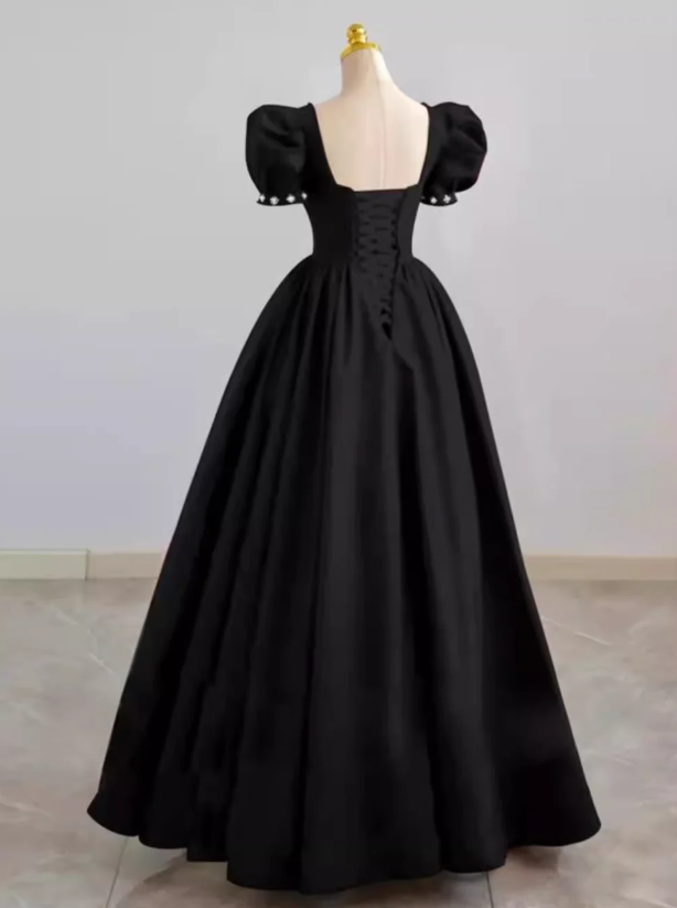 Gorgeous Black Sweetheart Bubble Sleeves A-line Beaded Long Party Dress Prom Dresses ,MB1086