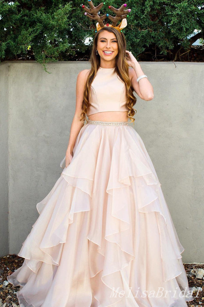 Elegant Two Pieces Light Pink A-line Ruffles Party Dress Long Prom Dresses to Impress ,MB1022