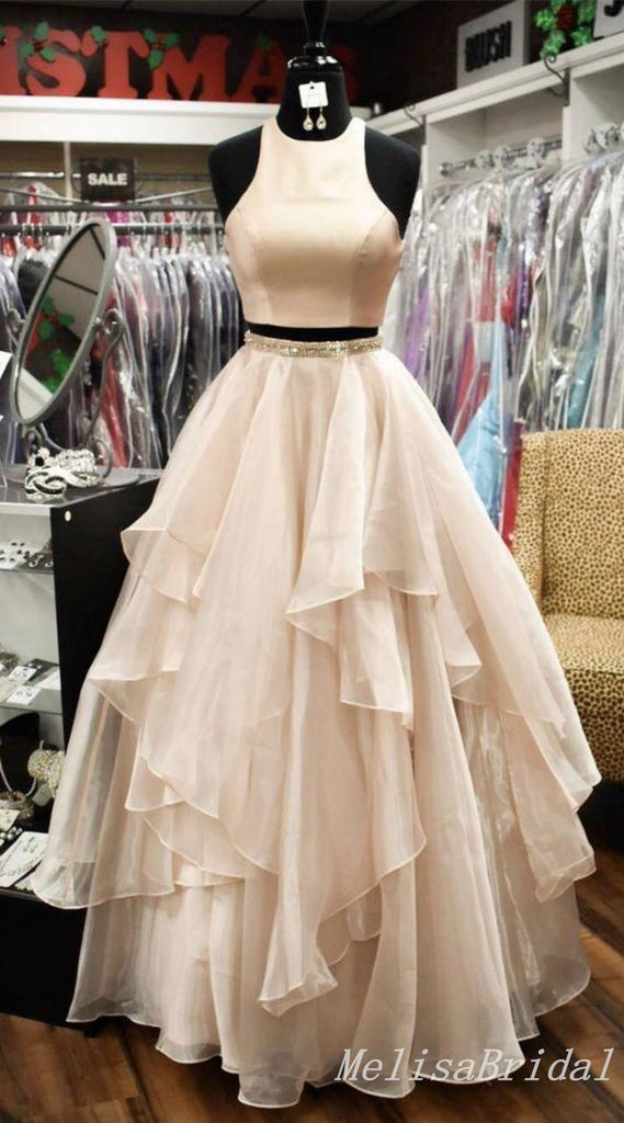 Elegant Two Pieces Light Pink A-line Ruffles Party Dress Long Prom Dresses to Impress ,MB1022