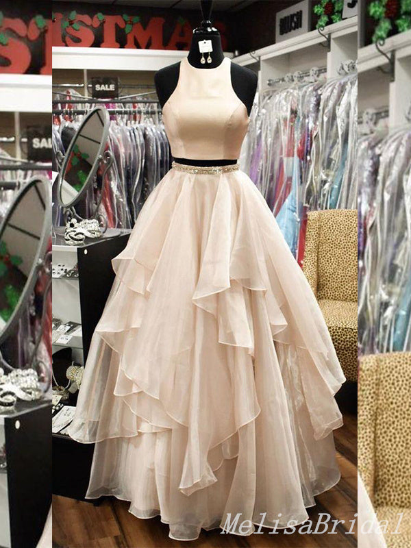 Elegant Two Pieces Light Pink A-line Ruffles Party Dress Long Prom Dresses to Impress ,MB1022