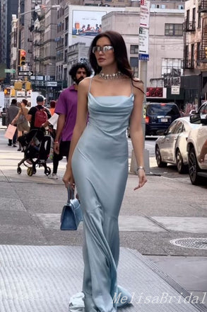 Sheath Spaghetti Straps Dust Blue Evening Gown Maxi Long Evening Party Prom Dresses,MB697