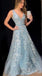 Light Blue Lace Appliques Plunging A-line Prom Dresses to Impress ,MB890