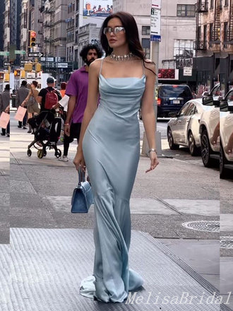 Sheath Spaghetti Straps Dust Blue Evening Gown Maxi Long Evening Party Prom Dresses,MB697