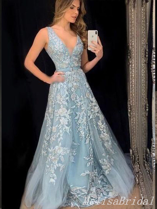 Light Blue Lace Appliques Plunging A-line Prom Dresses to Impress ,MB890