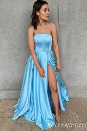 Strapless Blue A-Line Evening Gown Maxi Long Evening Party Prom Dresses With Side Slit,MB698