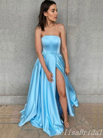 Strapless Blue A-Line Evening Gown Maxi Long Evening Party Prom Dresses With Side Slit,MB698