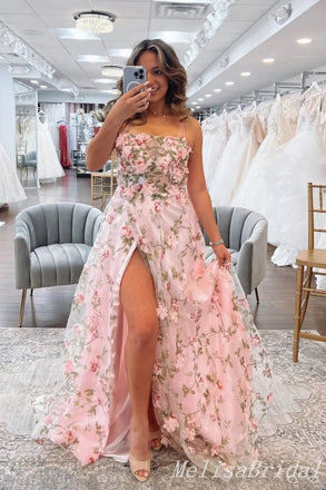 Pink Spaghetti Straps Flower Embroidery A-line Prom Dresses to Impress ,MB892