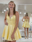 Cute Sexy V-neck Lace Up Back Yellow A-line Spaghetti Straps Short Homecoming Dresses , HD234