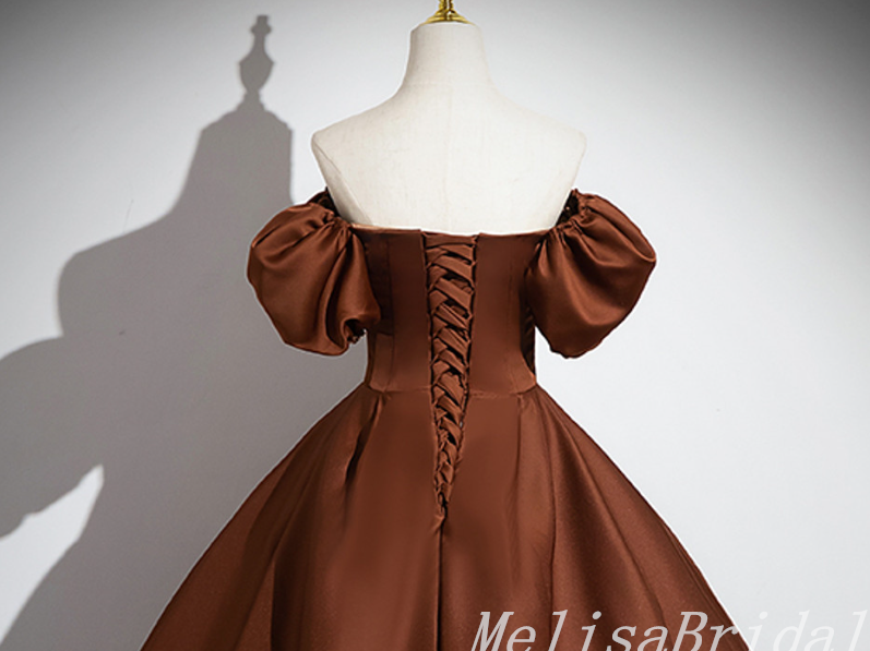 Gorgeous Brown Off Shoulder A-line Lace up Back Long Party Dress Prom Dresses,MB1092