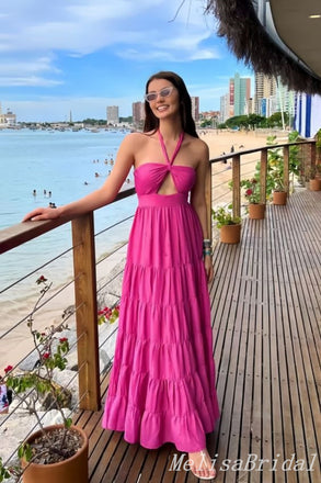 Hot Pink Halter A-line Prom Dresses to Impress  ,MB894