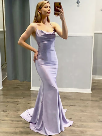 Elegant Light Purple Spaghetti Straps Mermaid  Sleeveless Cheap Simple Evening Prom Dresses,MB156