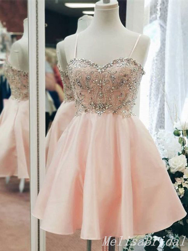 Light Pink Beaded Spaghetti Straps Sweetheart A-Line Graduation Party Short Homecoming Dresses With Pleats, HD405