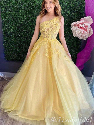 Sexy One Shoulder Yellow A-line Floral Tulle Lace Appliques Evening Gown Long Prom Dresses,MB295