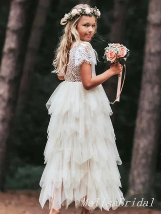 Elegant White Tulle Lace Appliques A-Line Cheap Simple Long Flower Girl Dresses,FG56