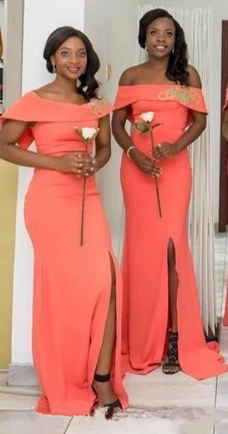 Elegant Orange Off Shoulder Side Slit Simple Cheap Mermaid Long Bridesmaid Dresses ,BD159