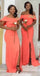 Elegant Orange Off Shoulder Side Slit Simple Cheap Mermaid Long Bridesmaid Dresses ,BD159