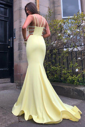 Elegant Yellow Spaghetti Straps Beading Mermaid  Long Evening Prom Dresses,MB115
