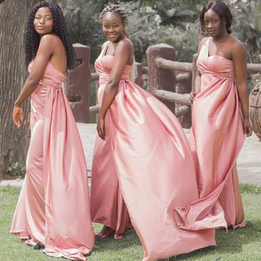 Elegant Pink One Shoulder Simple Cheap Mermaid Long Bridesmaid Dresses ,BD128
