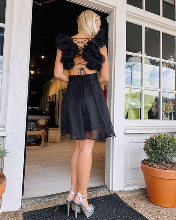 Elegant Black Chiffon Pleats Lace Up Back V Neck A-Line Cheap Simple Short Homecoming Dresses, HD73
