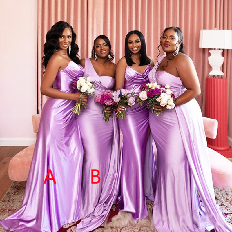 Mismached Purple One Shoulder Simple Cheap Mermaid Long Bridesmaid Dresses ,BD180